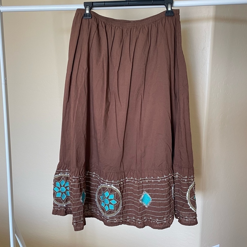 Y2k Brown and Turquoise Pull On Midi Skirt